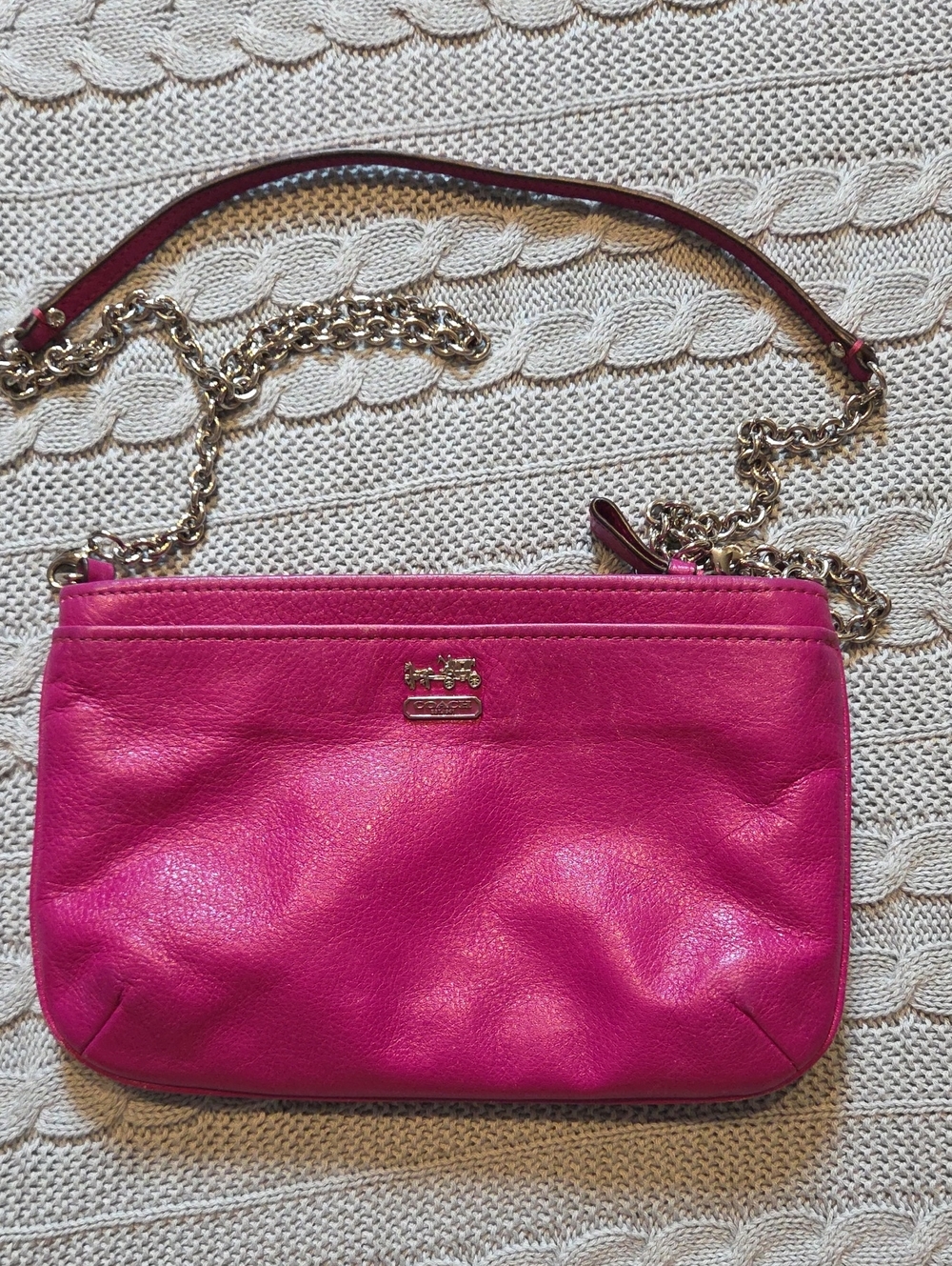 Coach Madison Pebbled Leather Zip Crossbody Bag Clutch Fuschia Gray Sateen